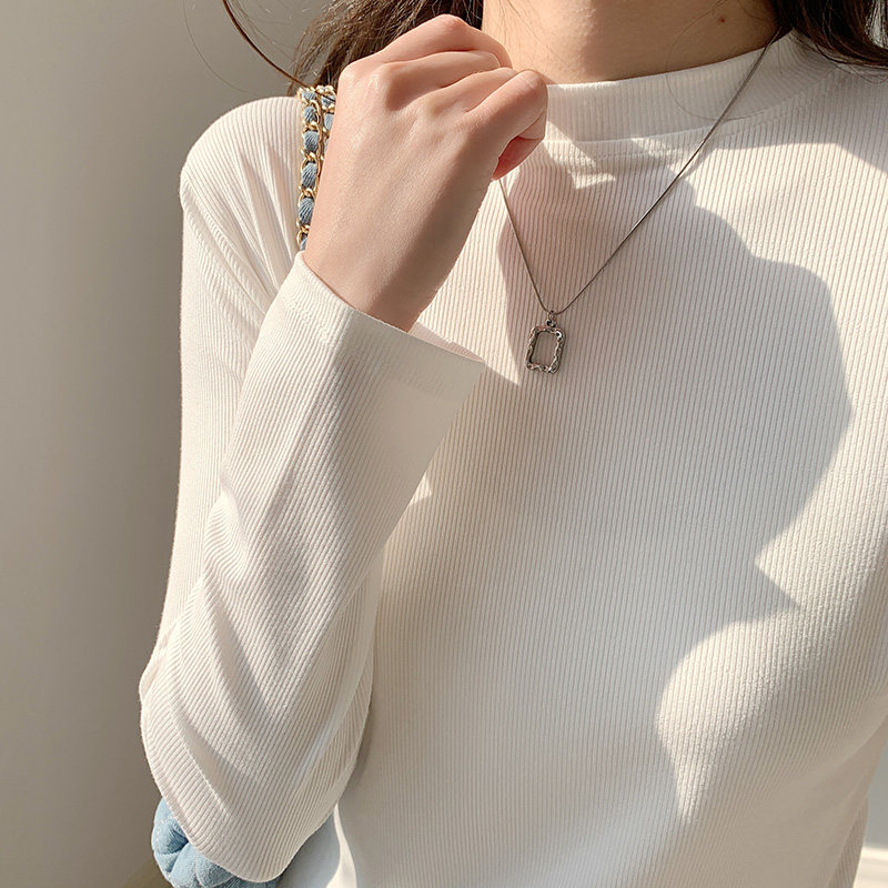 半高领螺纹长袖T恤女2023春秋新款薄款内搭修身打底衫纯色百搭潮