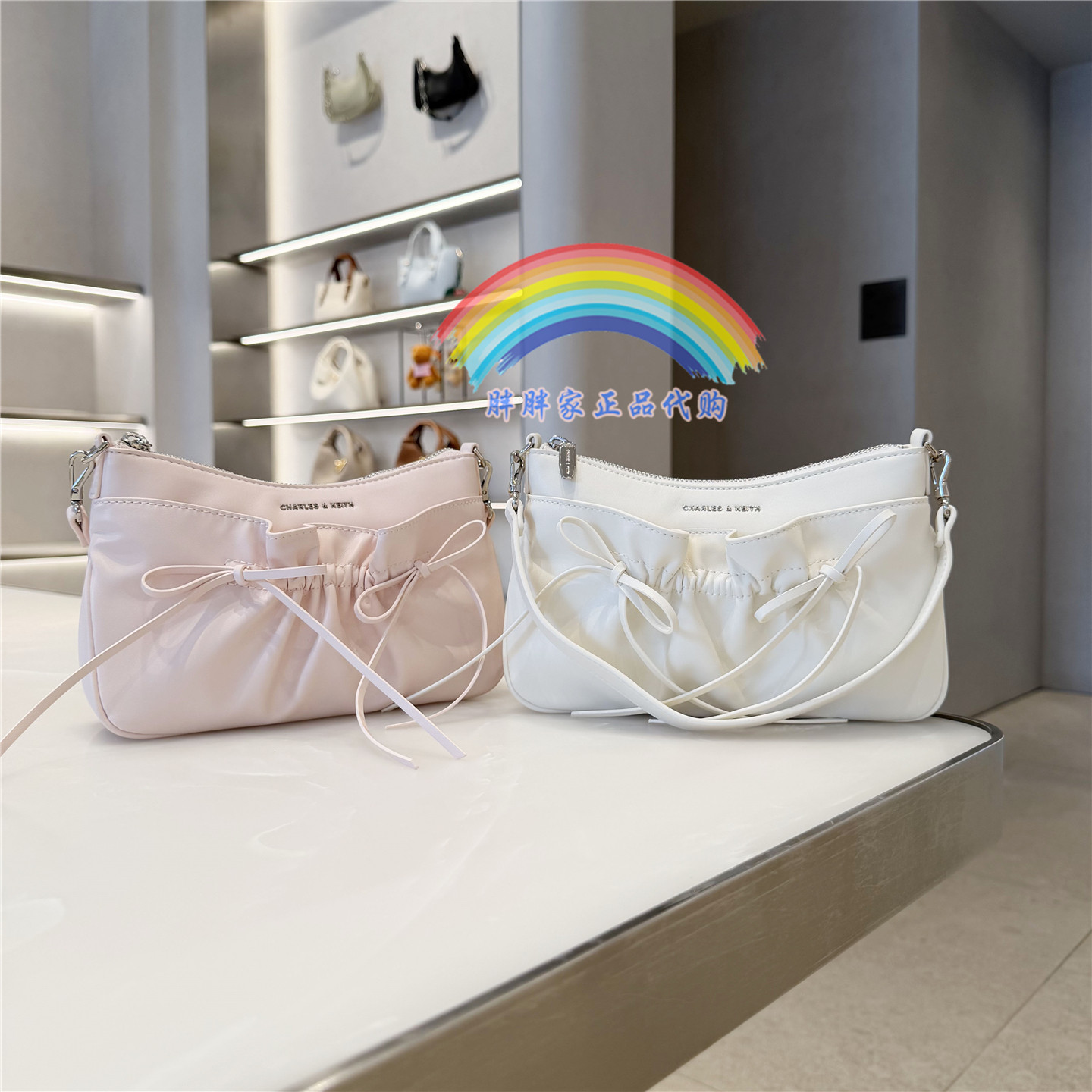 CHARLES&KEITH26新款小CK2-20151673褶皱蝴蝶结芭蕾腋下斜挎包