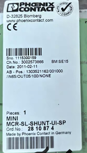 全新原装菲尼克斯 MINI MCR-SL-SHUNT-UI-SP 订货号2810874现货