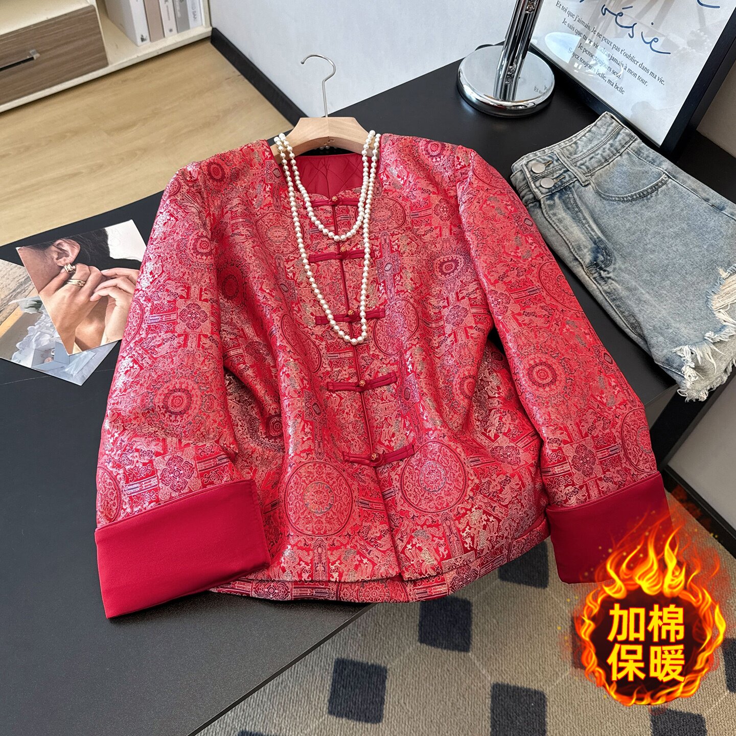 实拍新中式秋冬气质唐装加棉外套重工刺绣提花织锦复古长袖女棉服