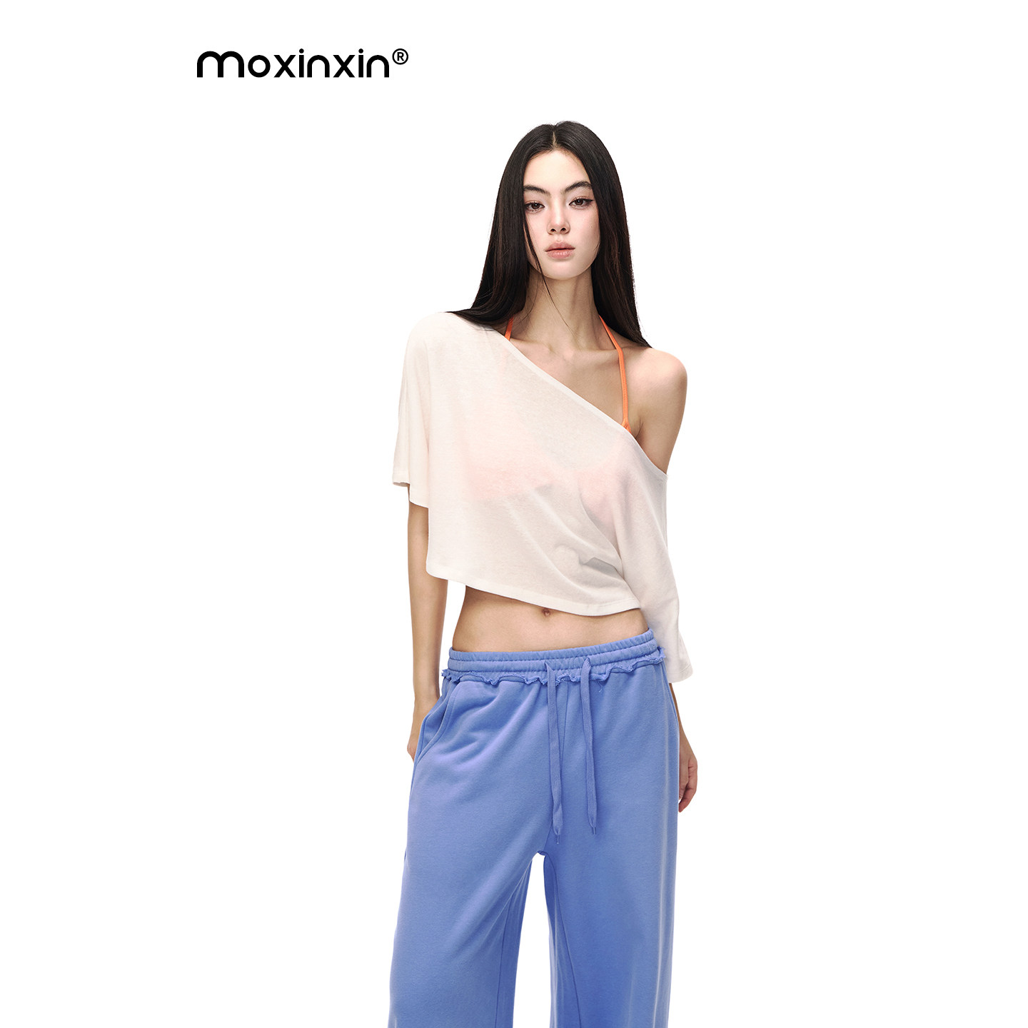Moxinxin 白色短袖t恤女夏季设计感宽松短款罩衫体恤辣妹斜肩上衣