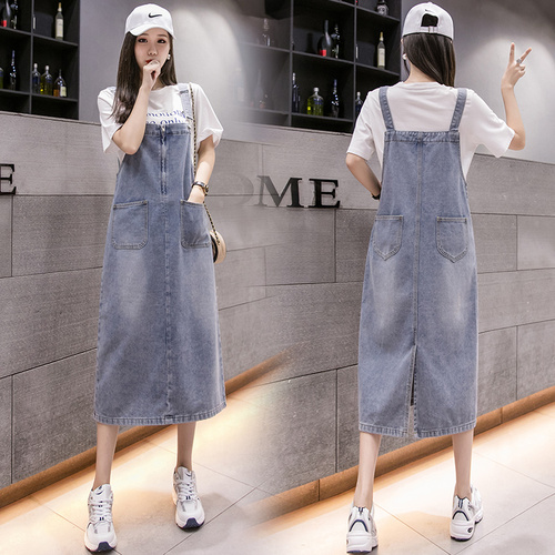 Real shot of casual versatile denim overalls mid-length slim dress for women