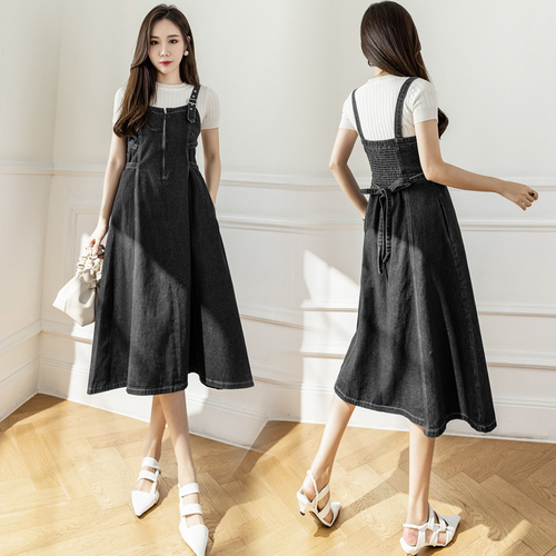 Real shot of casual versatile denim overalls mid-length slim dress for women