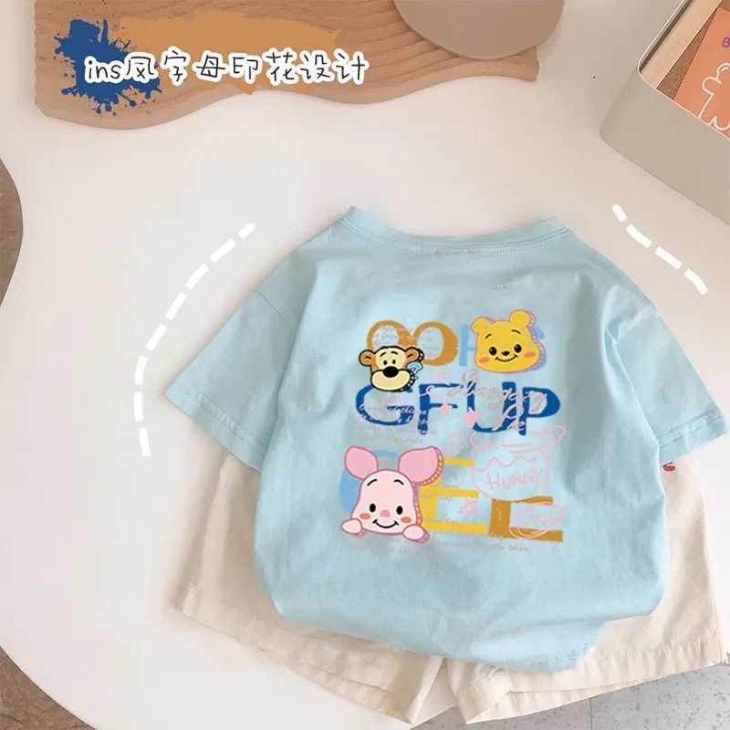 儿童纯棉短袖T恤天蓝色男童上衣女童夏季新款卡通小宝宝印花童装t