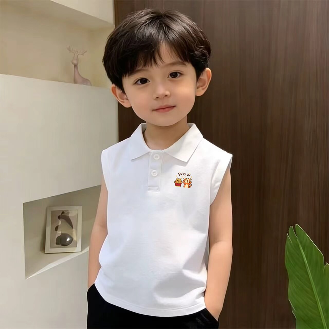 2026儿童纯色POLO翻领打底衫女童内搭上衣男童纯棉洋气卡通背心