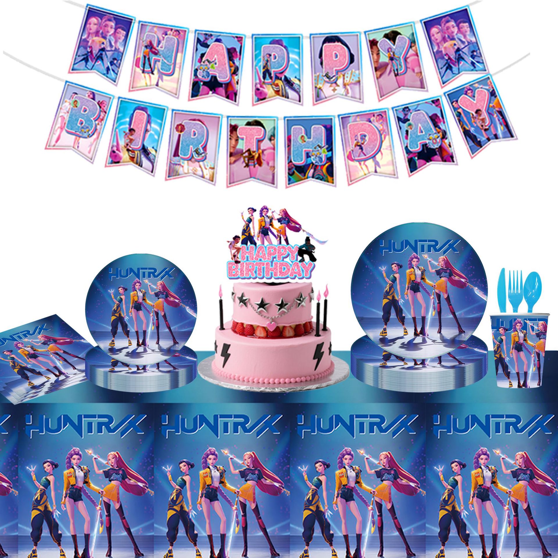 蓝色kpop系列猎魔女团主题儿童生日派对布置装饰餐具纸盘纸杯拉旗