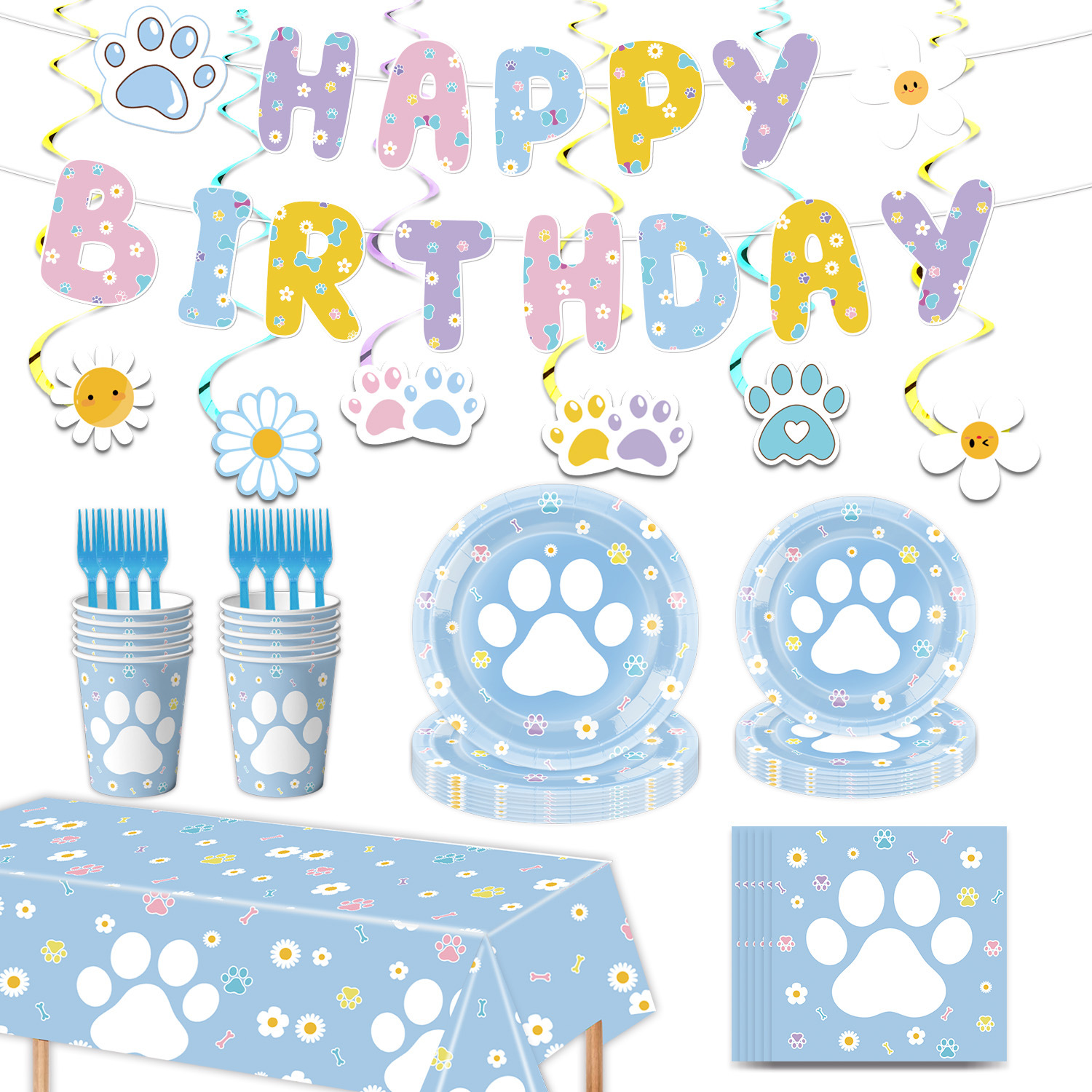 可爱蓝色小花狗爪主题儿童生日派对一次性纸盘纸杯纸巾桌布装饰品