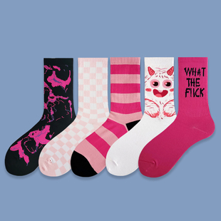 粉色袜子女中筒袜ins潮网红款外穿日系夏款卡通可爱玫红色长筒袜