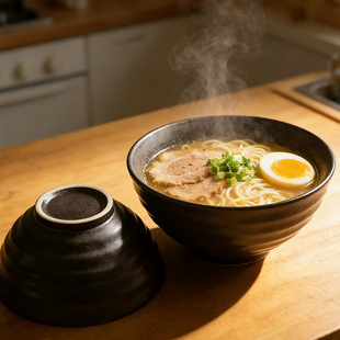 哑光黑釉螺纹碗加厚防烫粗陶质感家用拉面碗汤碗网红复古餐具微瑕