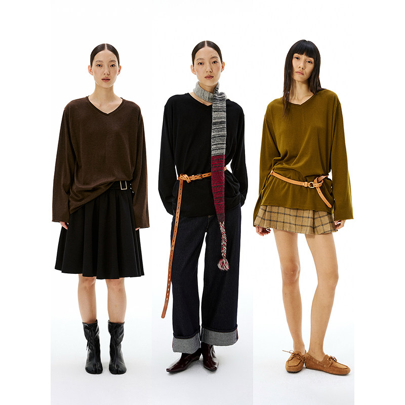 TDDP“云感羊毛”v领长袖T恤女2025新款秋季打底宽松显瘦单穿上衣