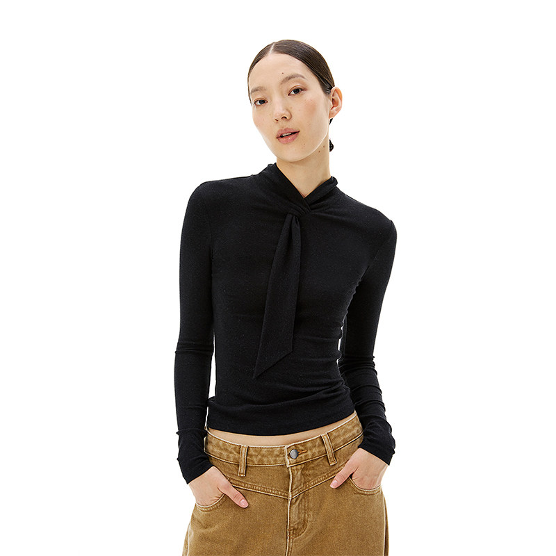 TDDP 质感天丝亚麻 领带长袖黑色T恤女秋季新款打底修身单穿上衣