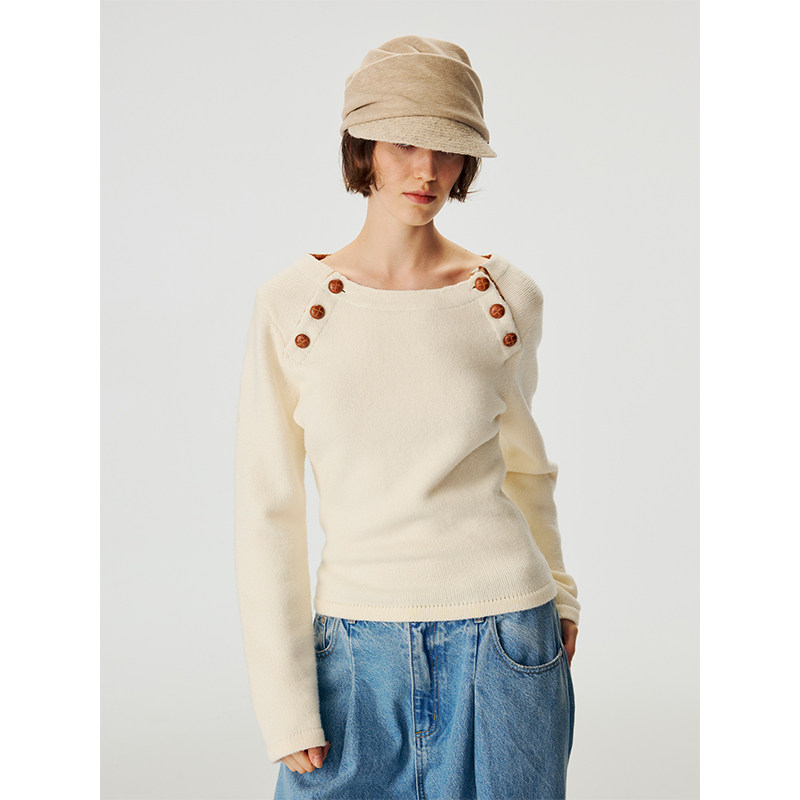 TDDP“内在回响”绵羊毛船领毛衣女秋冬设计感纽扣修身显瘦针织衫