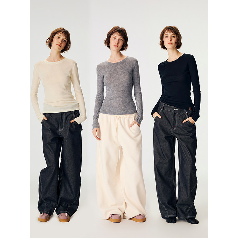 TDDP“远山”100%绵羊毛三色圆打底长袖t恤女秋冬内搭修身上衣