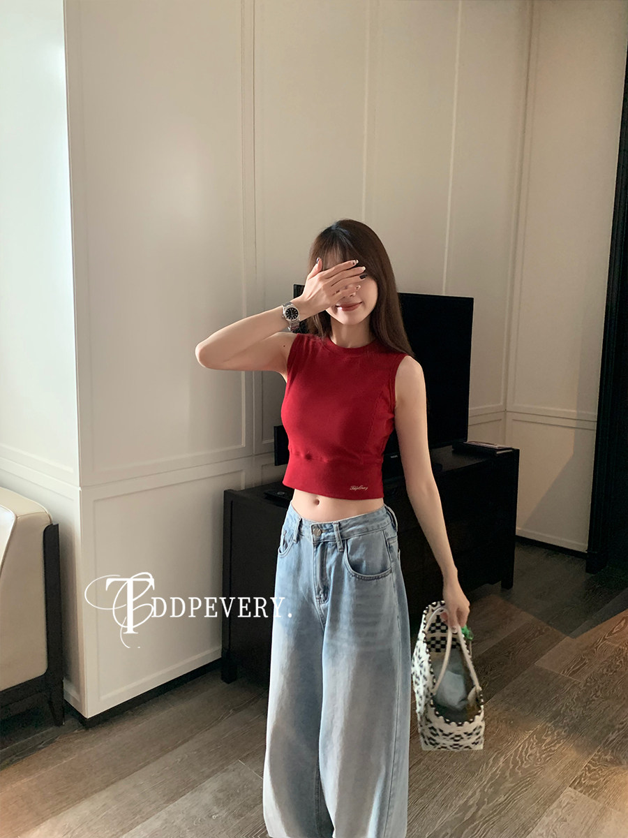 多色罗纹纽结短款背心