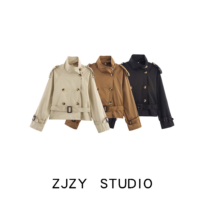 ZR European and American style ZA women's clothing new casual temperament simple stand-up collar with belt double-breasted cropped trench coat