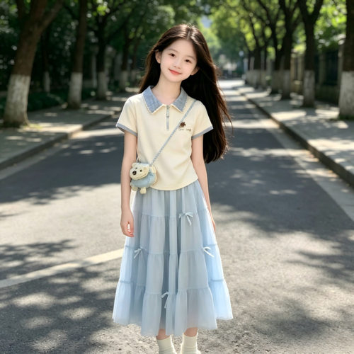 女童学院风套装短袖POLO衫半身裙