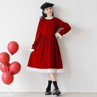 十二三岁女童秋冬红色丝绒连衣裙大童本命年衣服新年礼裙公主长裙