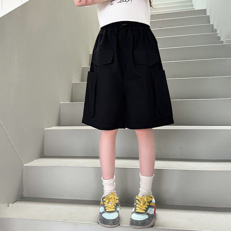 女童工装短裤子2026新款卡其女孩夏薄款马裤中大童五分裤黑色中裤