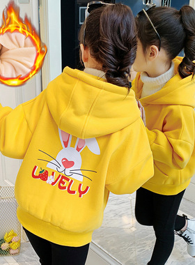 可爱卡通女大童加绒加厚连帽开衫卫衣紫黄色双层夹克韩版开衫上衣