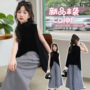 女童时髦套装夏大龄女孩个性衣服前短后长燕尾服上衣格子裙裤阔腿