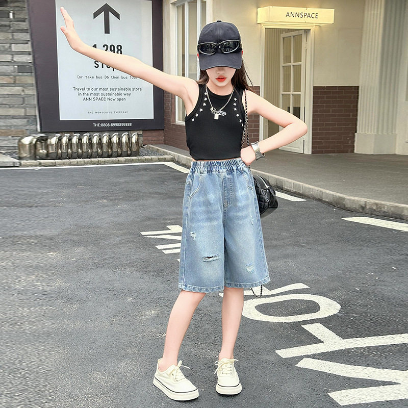 女童个性时髦牛仔短裤2026新款夏季薄款女大童中裤七分裤外穿马裤