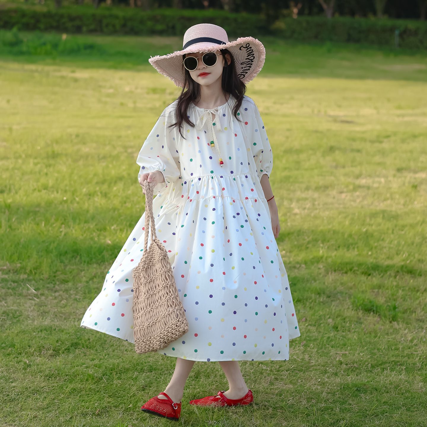 亲子母女装女童纯棉彩波点连衣裙