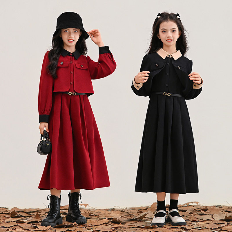 女童红色假两件连衣裙本命年衣服