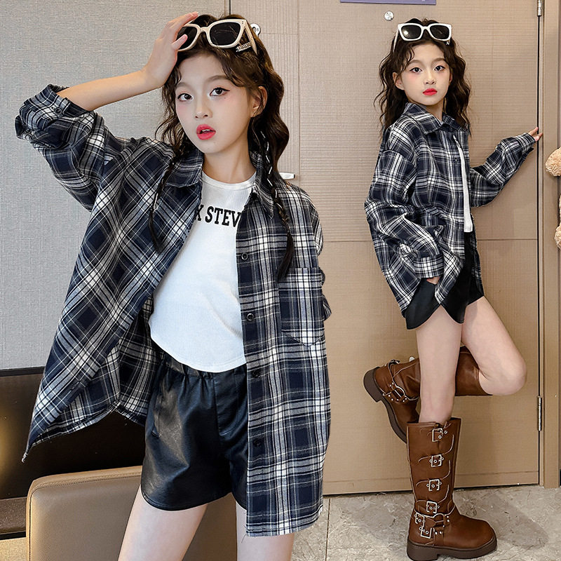 女童中长款格子衬衫5女孩春秋装6纯棉长袖衬衣7薄款开衫外套8岁12