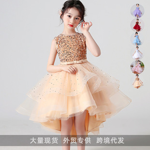 儿童高端礼服裙女童夏季前短后长连衣裙拖尾钢琴演出服大童燕尾裙