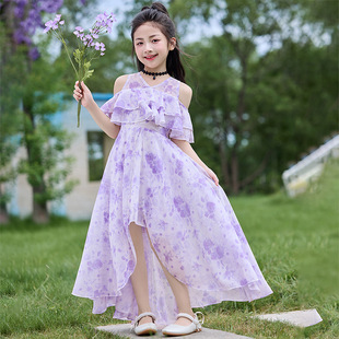 女童燕子尾连衣裙中大童儿童漂亮夏裙学生拖尾公主裙前短后长裙子