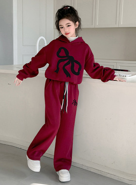 十二三岁女童红色卫衣套装大龄女孩本命年衣服秋冬纯棉运动两件套