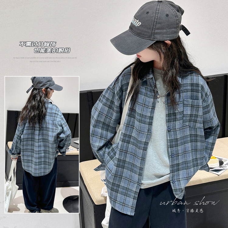 女童纯棉格子衬衫外套夏打底上衣