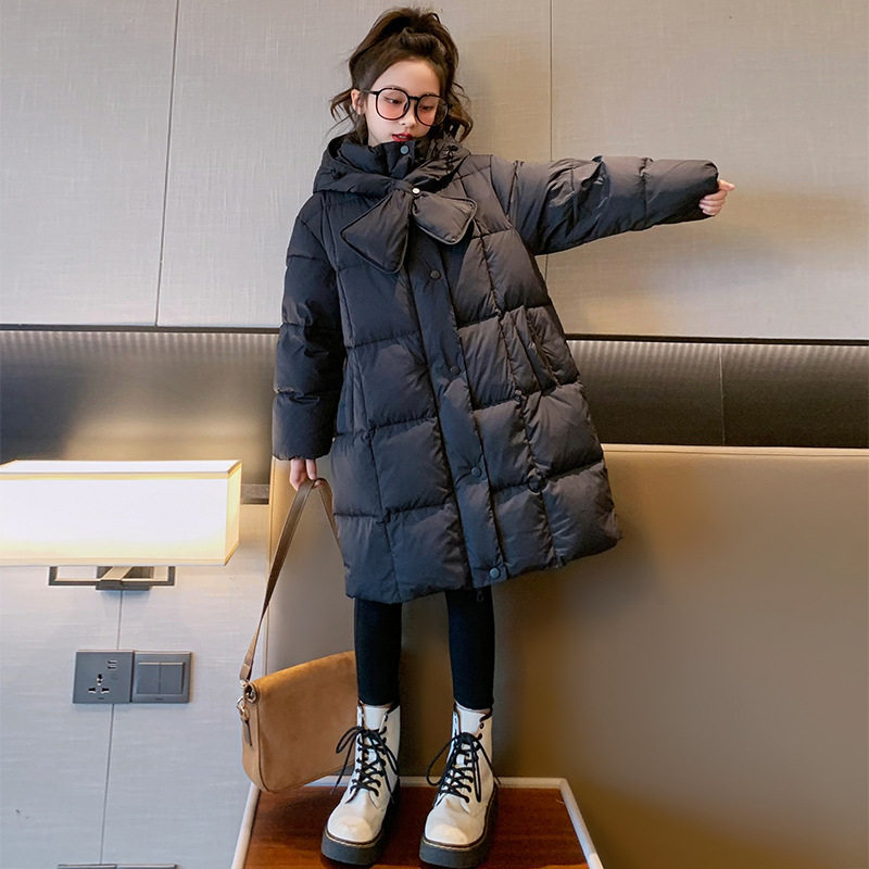 女童冬装中长款黑色耐脏羽绒服90白鸭绒外套2026新款女孩加厚棉袄