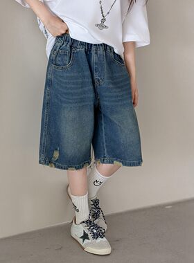 女大童七分裤夏薄款破洞牛仔马裤