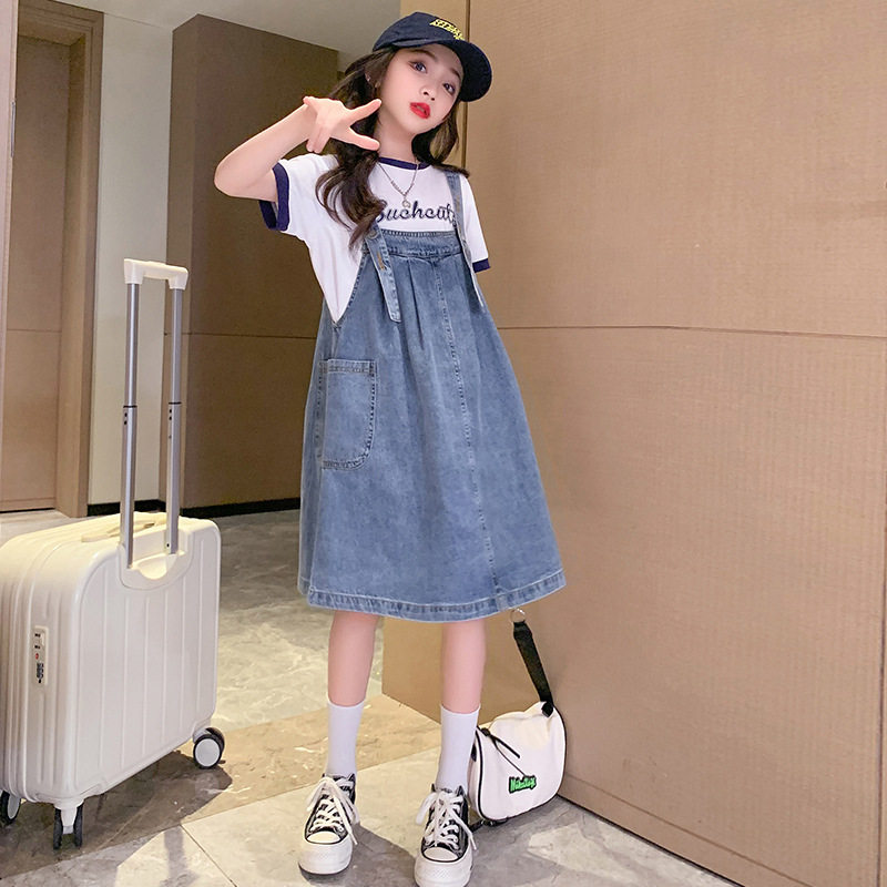 小胖妞女童装宽松夏裙子加肥加大码女孩牛仔背带裙套装大童连衣裙