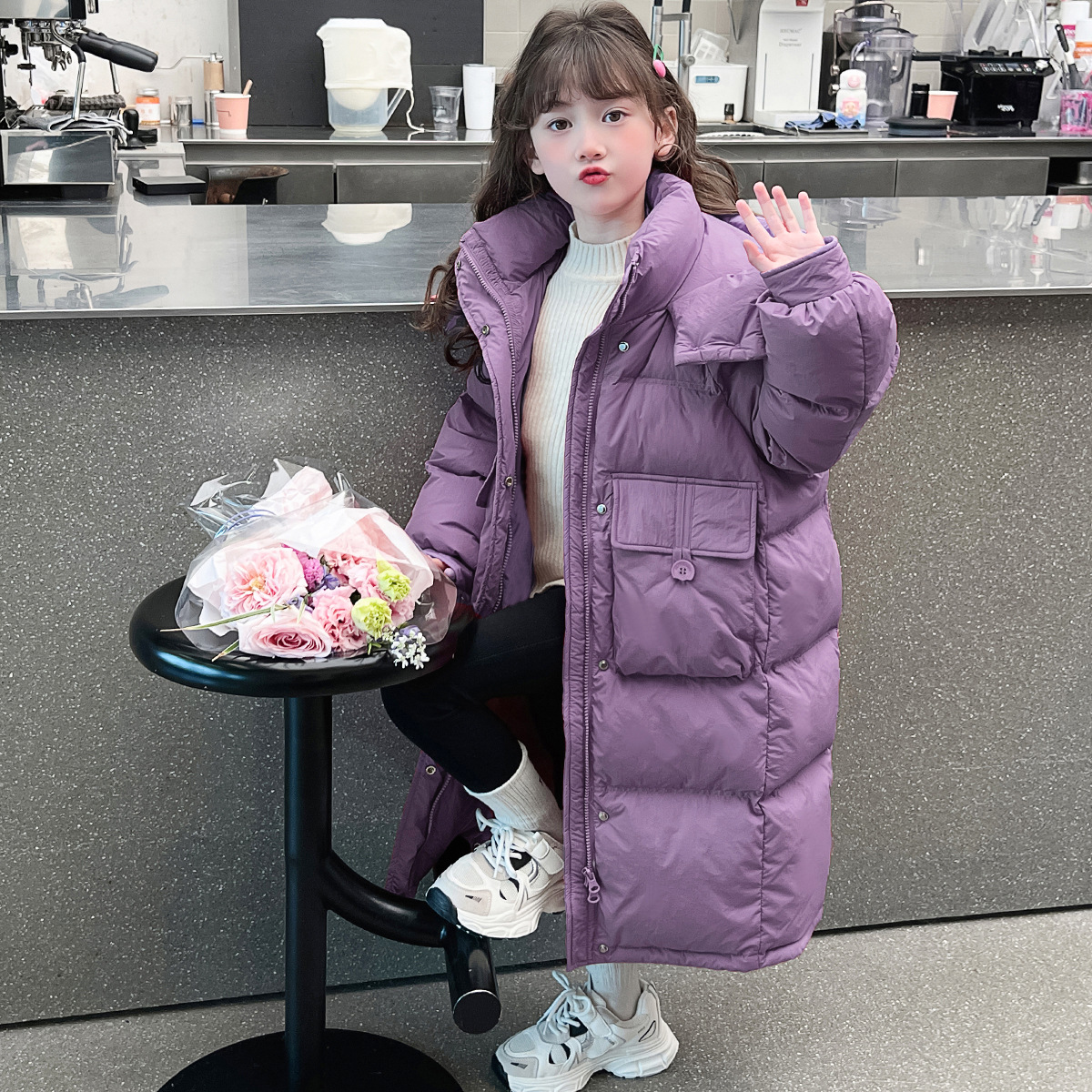 女童羽绒棉服2025新款冬装女孩过膝中长款加厚棉衣中大童紫色棉袄