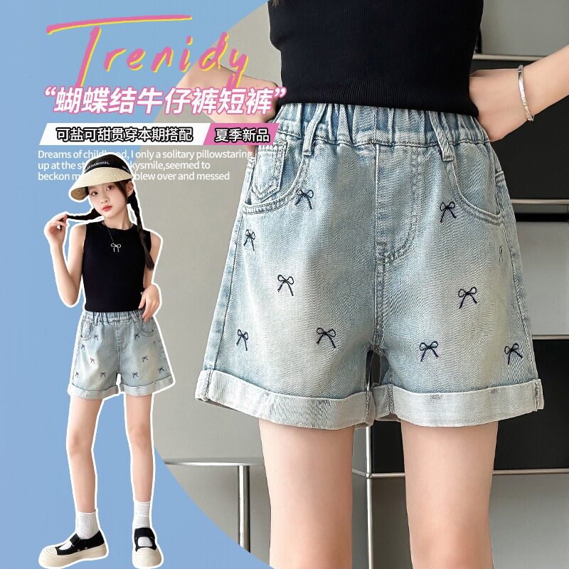 女童蝴蝶结牛仔短裤夏季薄款马裤