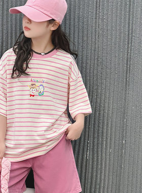 女童短袖T恤女孩夏装条纹上衣
