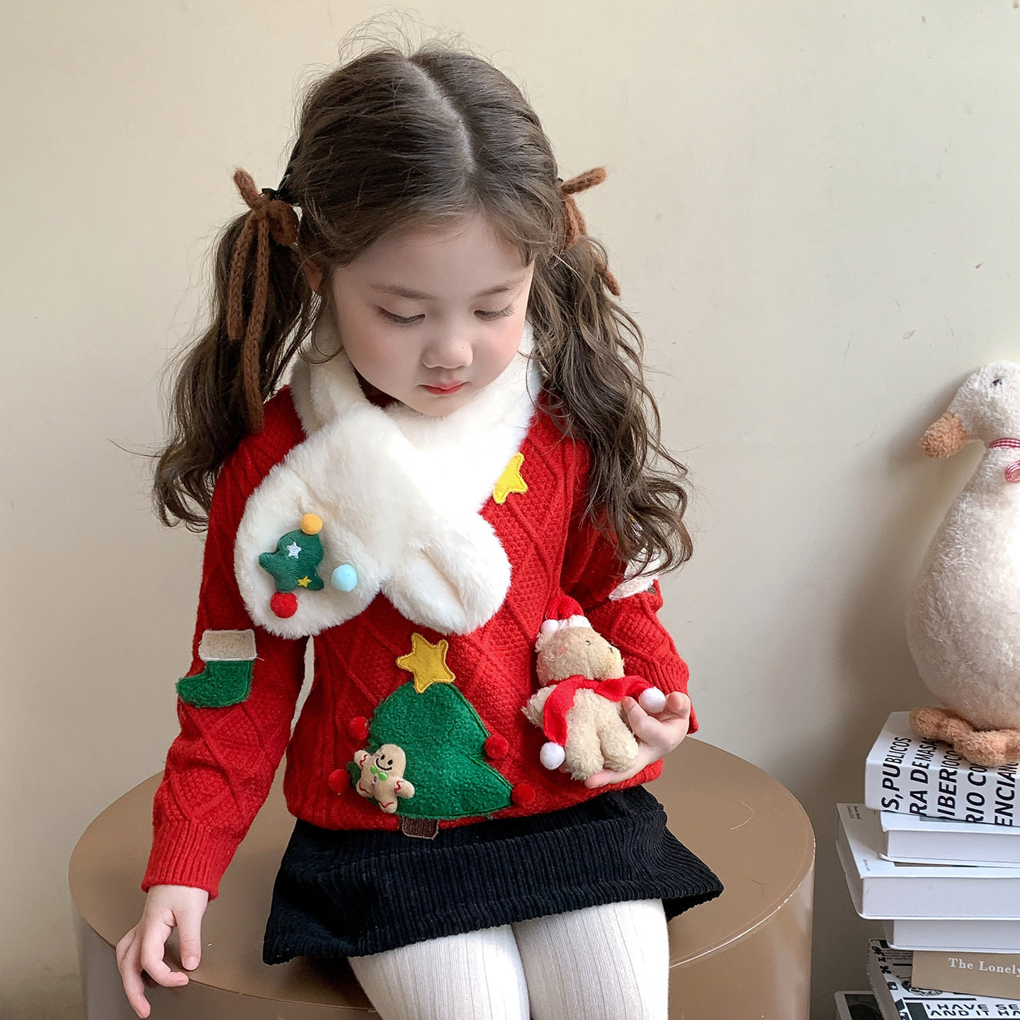 女童中高领纯棉圣诞节加厚毛衣女宝宝秋冬季针织打底衫红色毛线衣