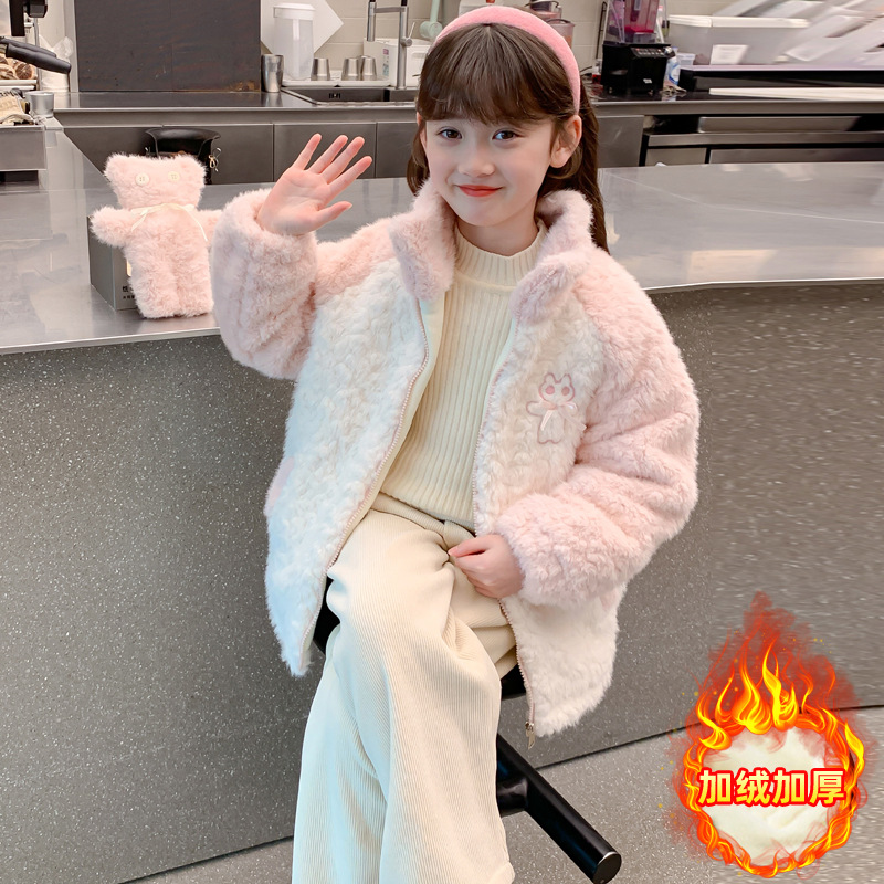 女童加绒加厚外套冬装新款毛毛衣