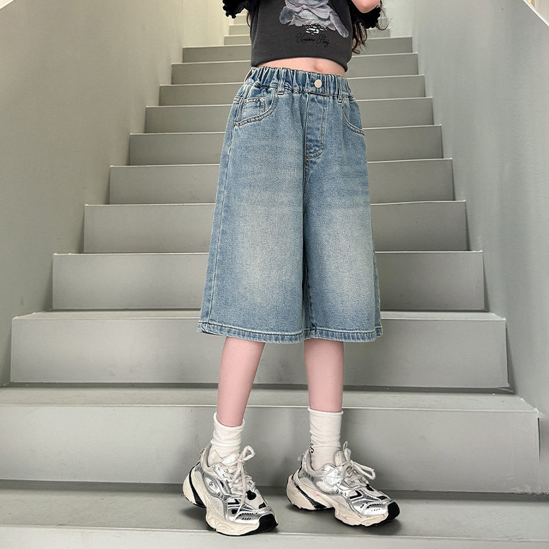 儿童六分裤女夏季短裤女童过膝长款马裤夏薄款牛仔中裤大童休闲裤