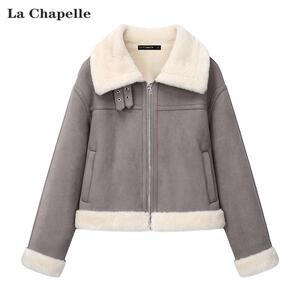 拉夏贝尔/La Chapelle冬季复古仿皮毛一体加厚麂皮绒外套短款上衣