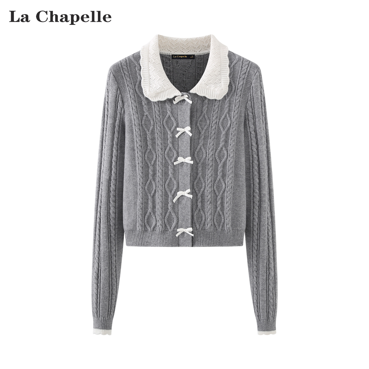 拉夏贝尔/La Chapelle秋季新款女休闲撞色镂空领绞花肌理针织开衫