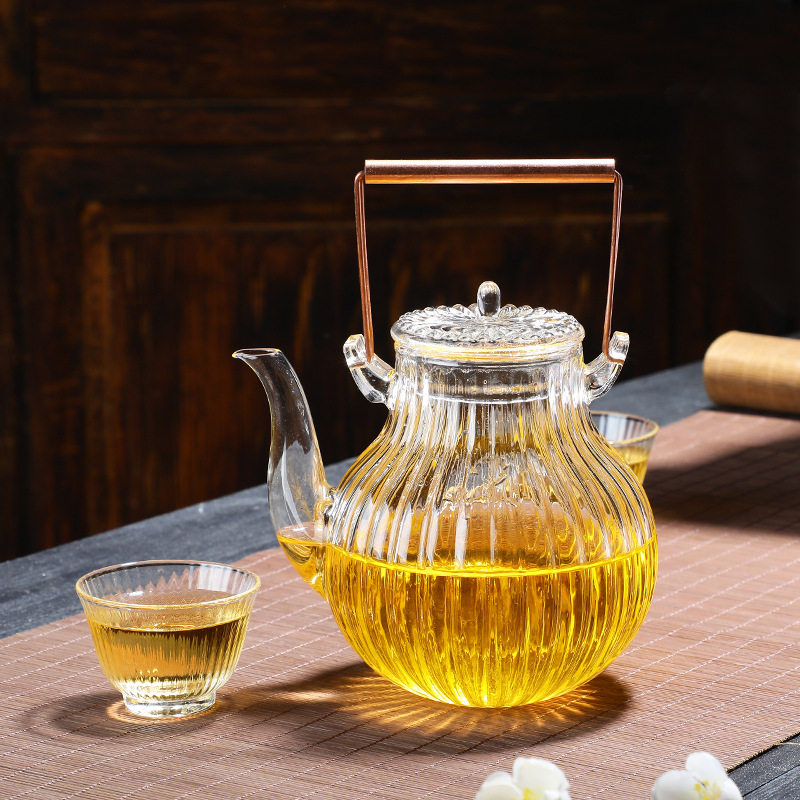 菊瓣壶条纹壶花茶壶泡茶壶煮茶壶防爆可加热高硼硅耐热耐高温玻璃