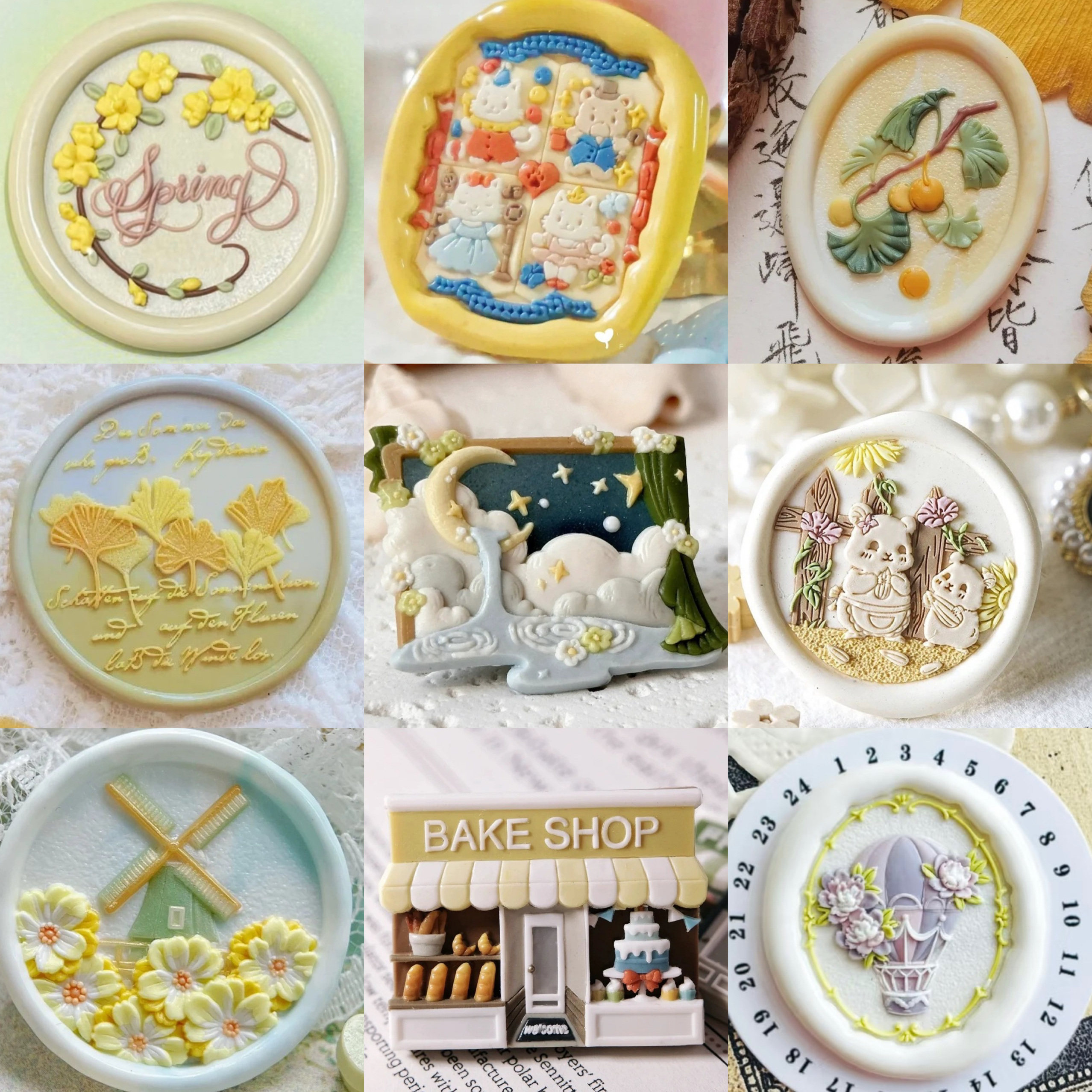 火漆印章纯铜浮雕章头漫野风车小雏菊面包店异形精雕铜头火漆章头