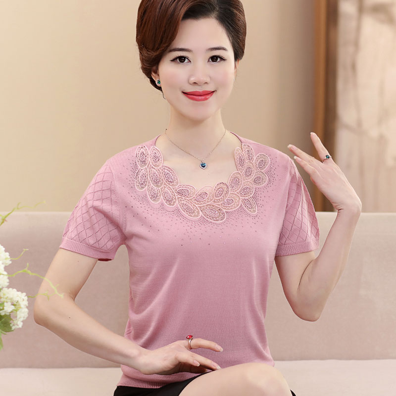 妈妈夏装短袖40-50岁中年妈妈装上衣中老年人妇女薄针织衫冰丝t恤