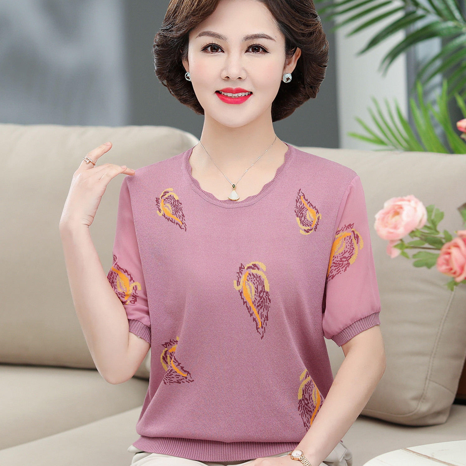 2021夏季妈妈装新款短袖t恤中老年夏装宽松薄款冰丝圆领洋气上衣