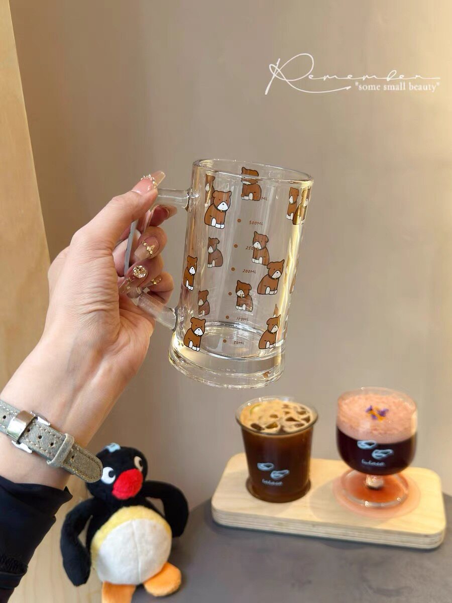 可爱卡通小熊啤酒杯子玻璃杯喝水杯牛奶杯女生高颜值果汁杯家用