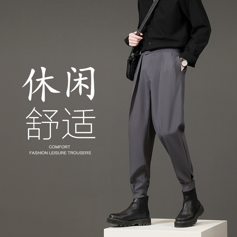 抖音日系修身休闲裤男装韩版魔术贴腰垂感西裤K1068 P55 控78图片