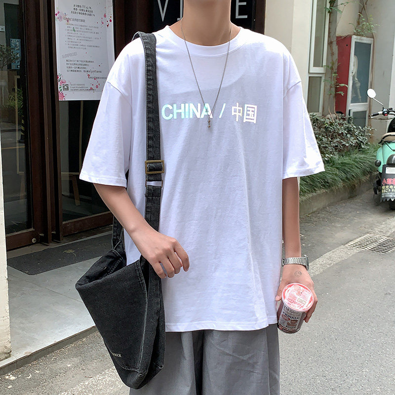 夏季新品潮男女字母七彩反光印花黑白短袖T恤D321T041P28,男装T恤,电商D321A